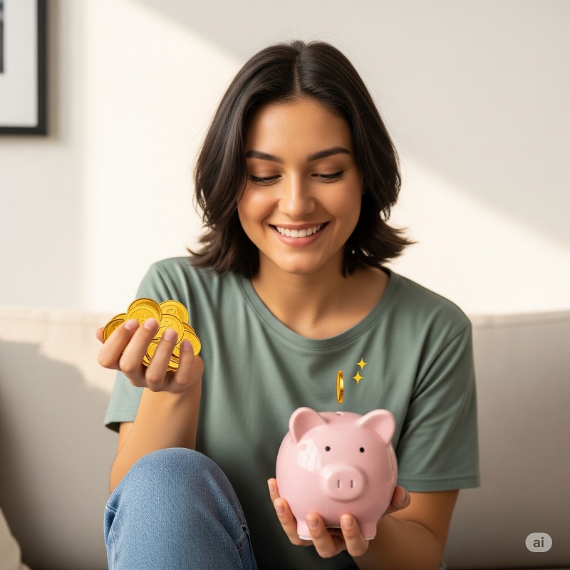 Tarro de cristal repleto de monedas junto a un billete, representando hábitos de ahorro rápido y fácil.