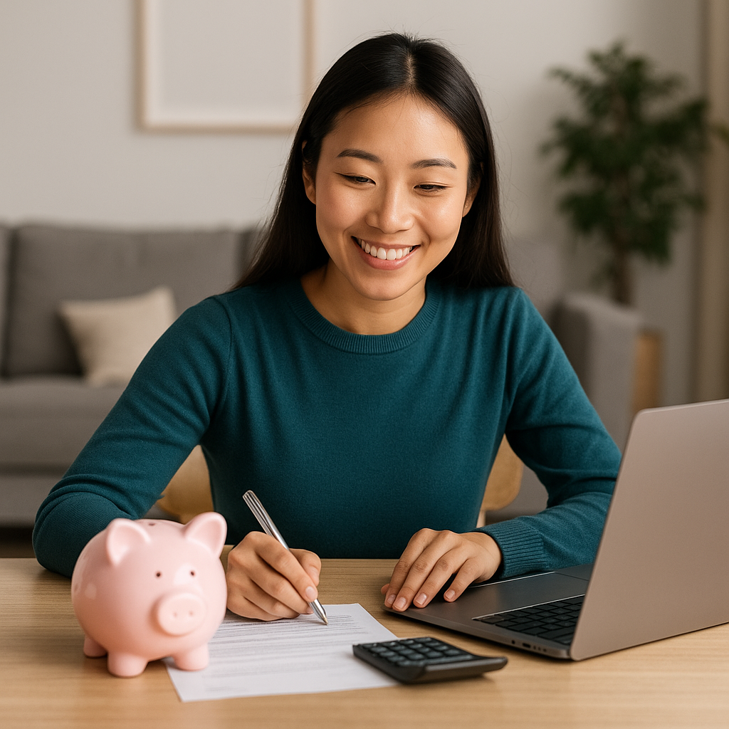 Chica asiática elaborando su presupuesto y utilizando los 3 pasos para ahorrar según su tradición.