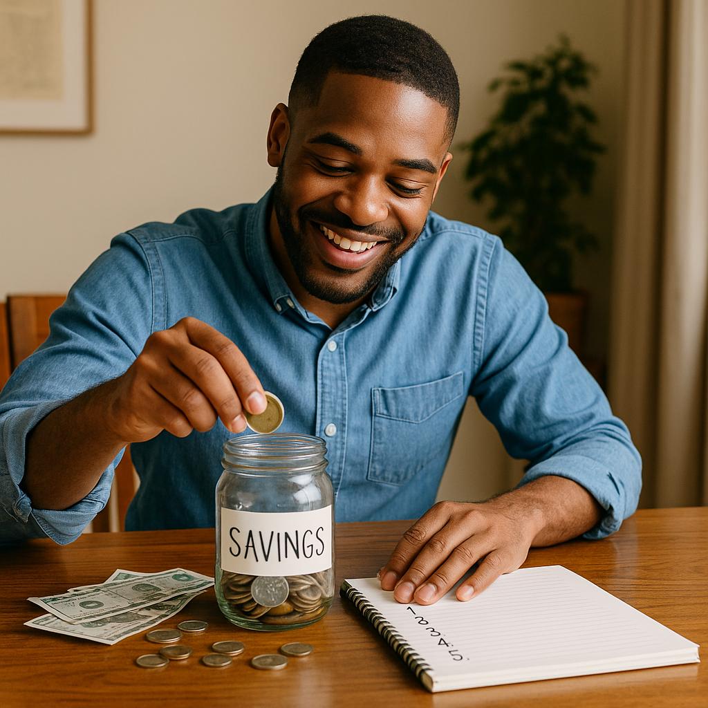 Joven anotando reglas de ahorro mientras introduce monedas en un tarro etiquetado como "SAVINGS", en un entorno tranquilo y natural.