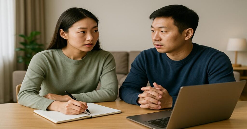 Fotografía de una pareja asiática revisando sus finanzas personales con una tablet, representando hábitos de ahorro e inversión inteligentes.