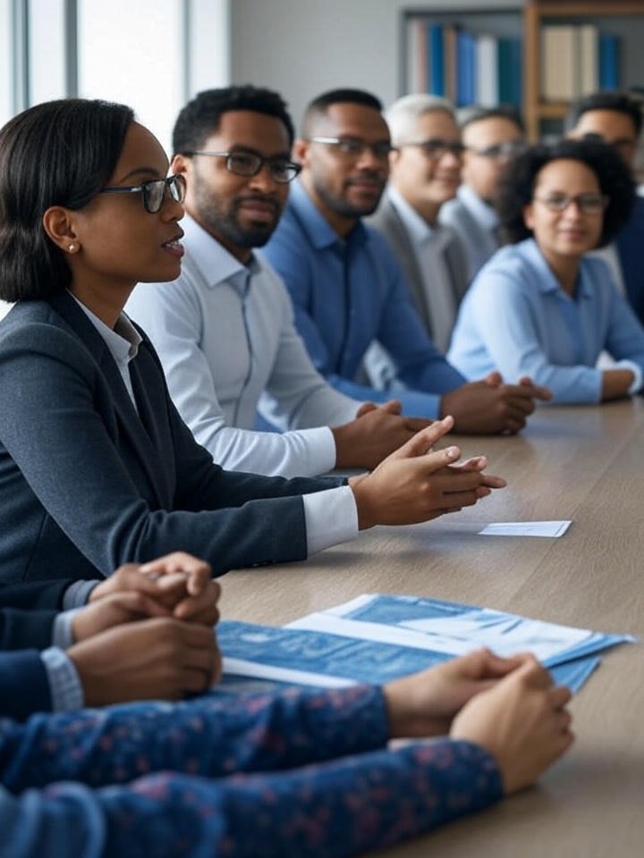 Imagen profesional de personas reales discutiendo sobre sabiduría financiera judía, diseño limpio y motivador.