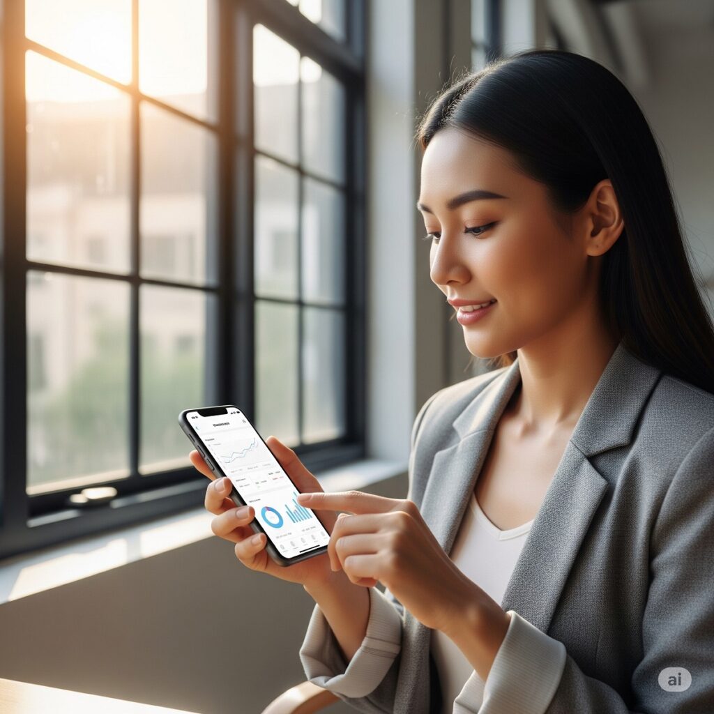 Persona sonriendo mientras consulta su smartphone, simbolizando el control financiero y la libertad que ofrece el ahorro sin estrés.