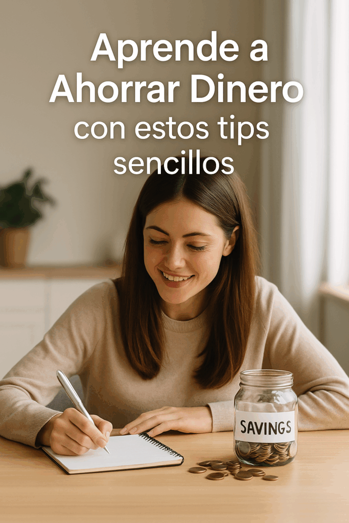 :** Mujer sonriente revisando su libreta de ahorro en casa, símbolo de organización financiera y metas alcanzables con tips sencillos.