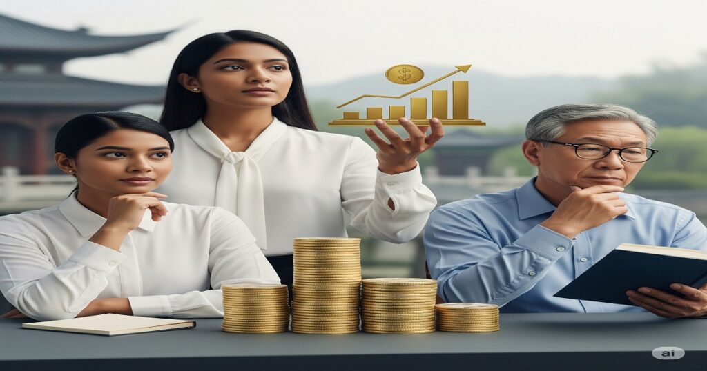Varias personas de diversas etnias, incluyendo una mujer joven asiática y un hombre mayor chino, en un entorno que sugiere sabiduría y crecimiento financiero, simbolizando el secreto chino para ahorrar dinero.