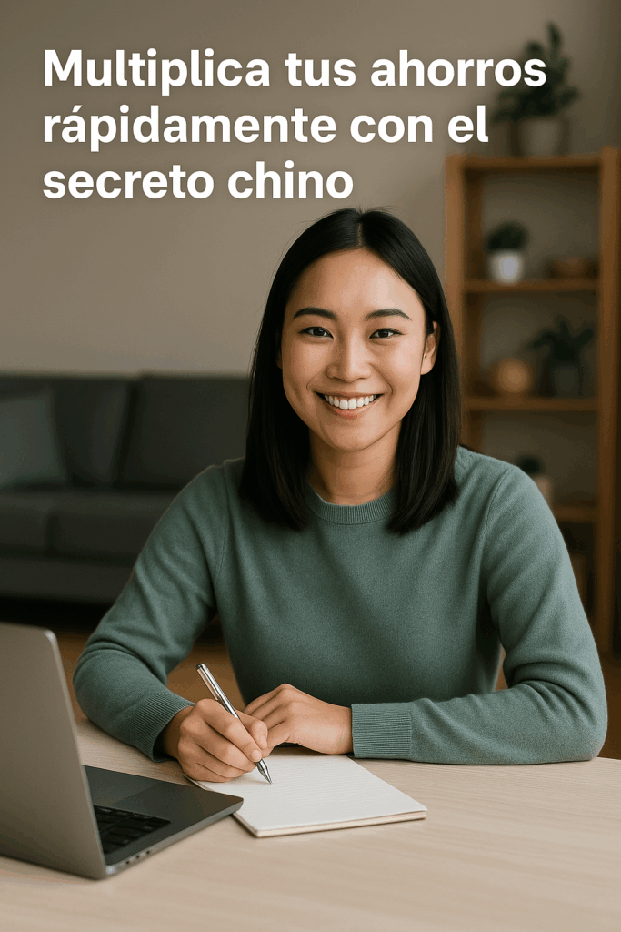 Una joven asiática sonriente revisa sus finanzas con un portátil sobre la mesa, reflejando tranquilidad y éxito económico gracias al método de ahorro chino.