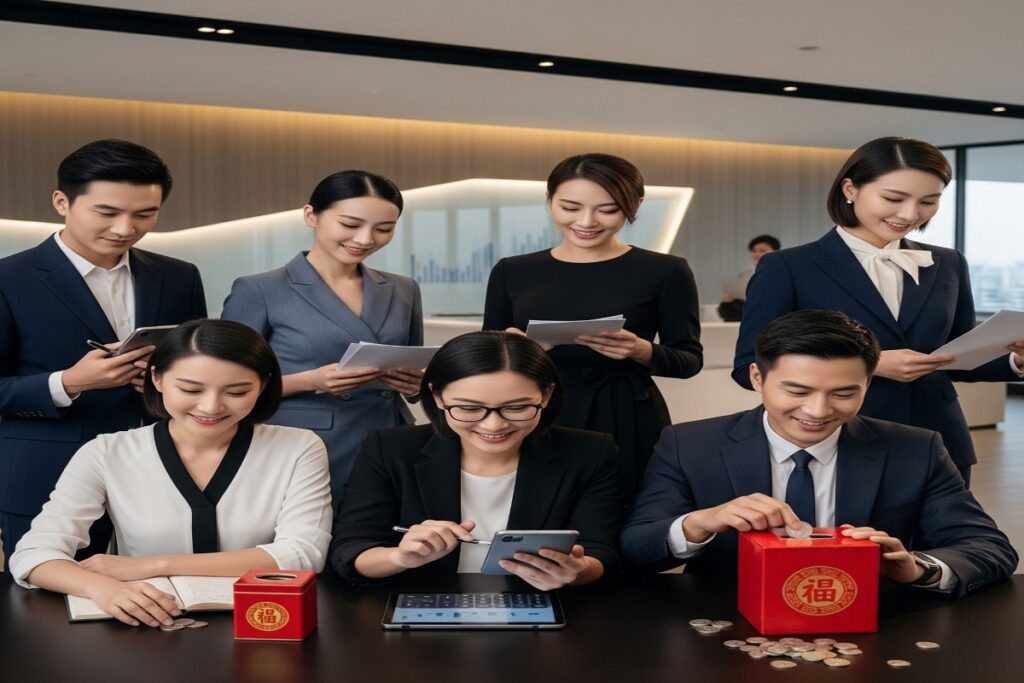 Varias personas chinas profesionales demostrando sabiduría financiera y ahorro, con un impacto económico.