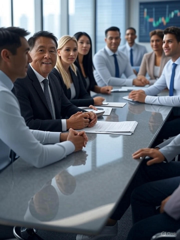 Imagen profesional de personas reales discutiendo consejos de ahorro de Robert Kiyosaki, diseño limpio y motivador.