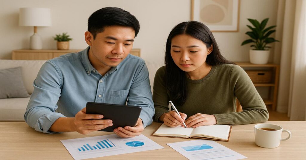 Fotografía de una pareja asiática revisando sus finanzas personales en casa, con actitud positiva y responsable.