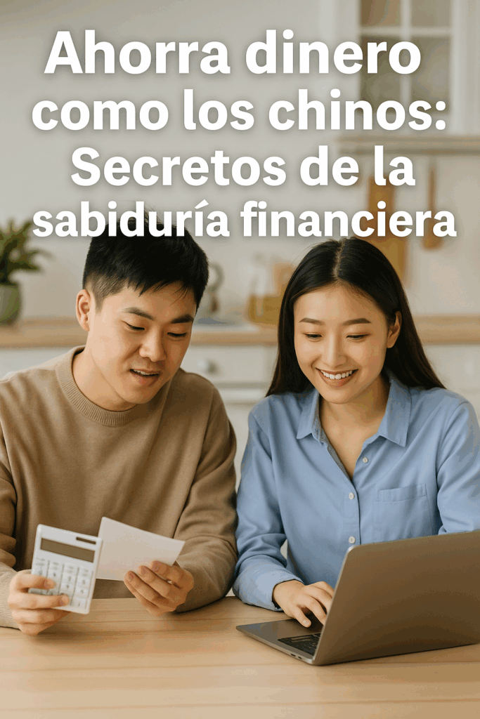 Fotografía de una pareja asiática joven gestionando sus finanzas en casa, con móvil y libreta, representando el ahorro inteligente