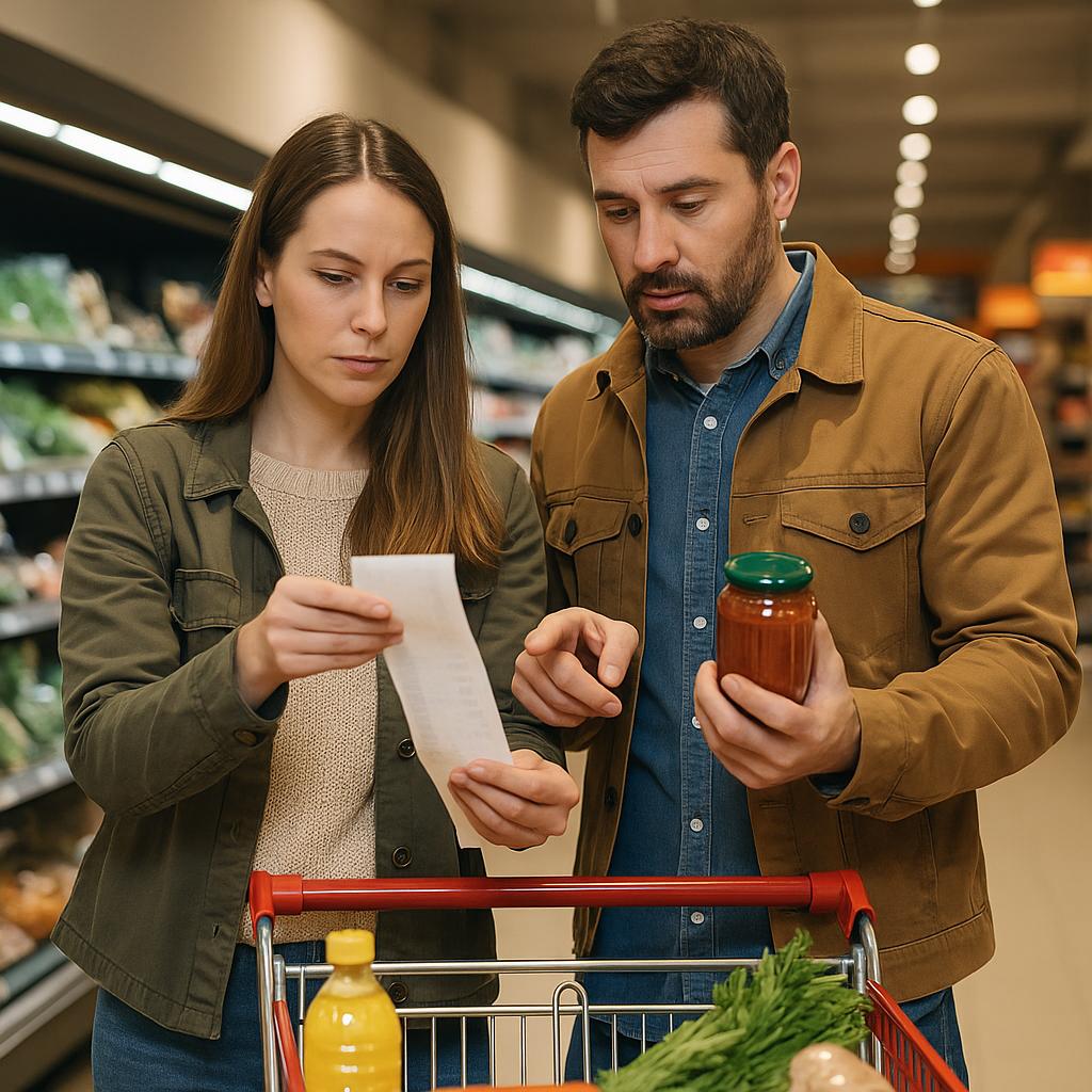 Pareja calculando cómo ahorrar dinero en el supermercado $100 al mes según el método Babilonia moderno