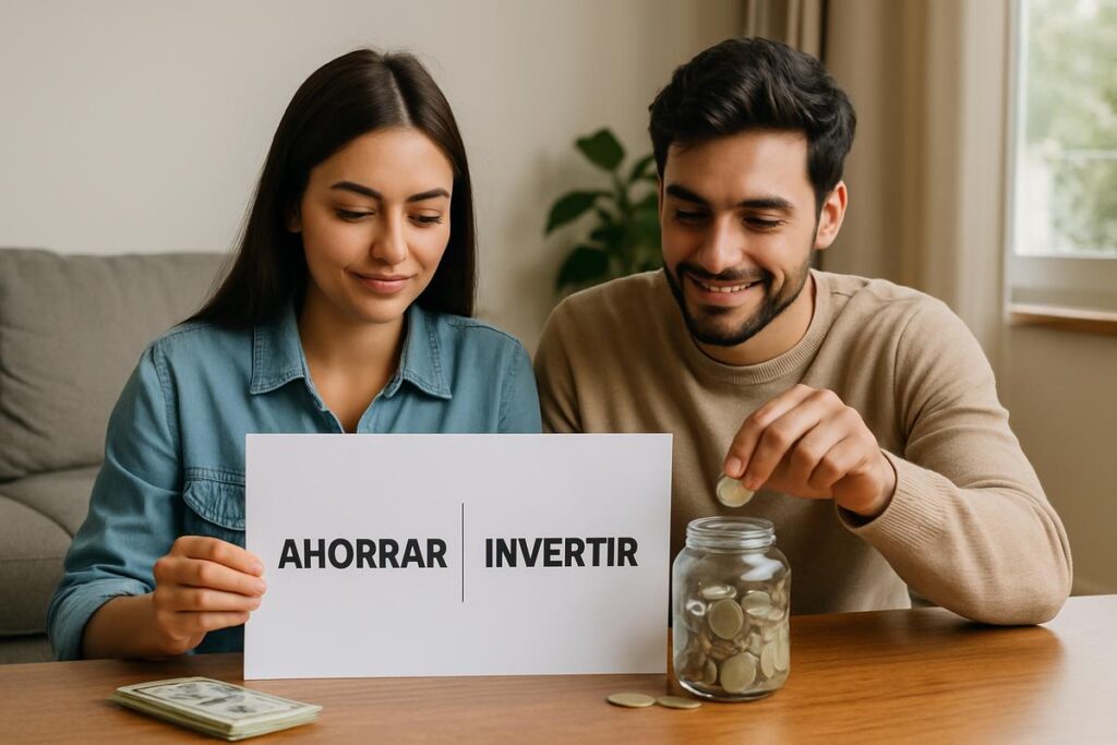 Pareja joven de mediana edad revisando sus finanzas personales juntos con actitud positiva, representando el equilibrio entre ahorrar e invertir para transformar su futuro financiero.
