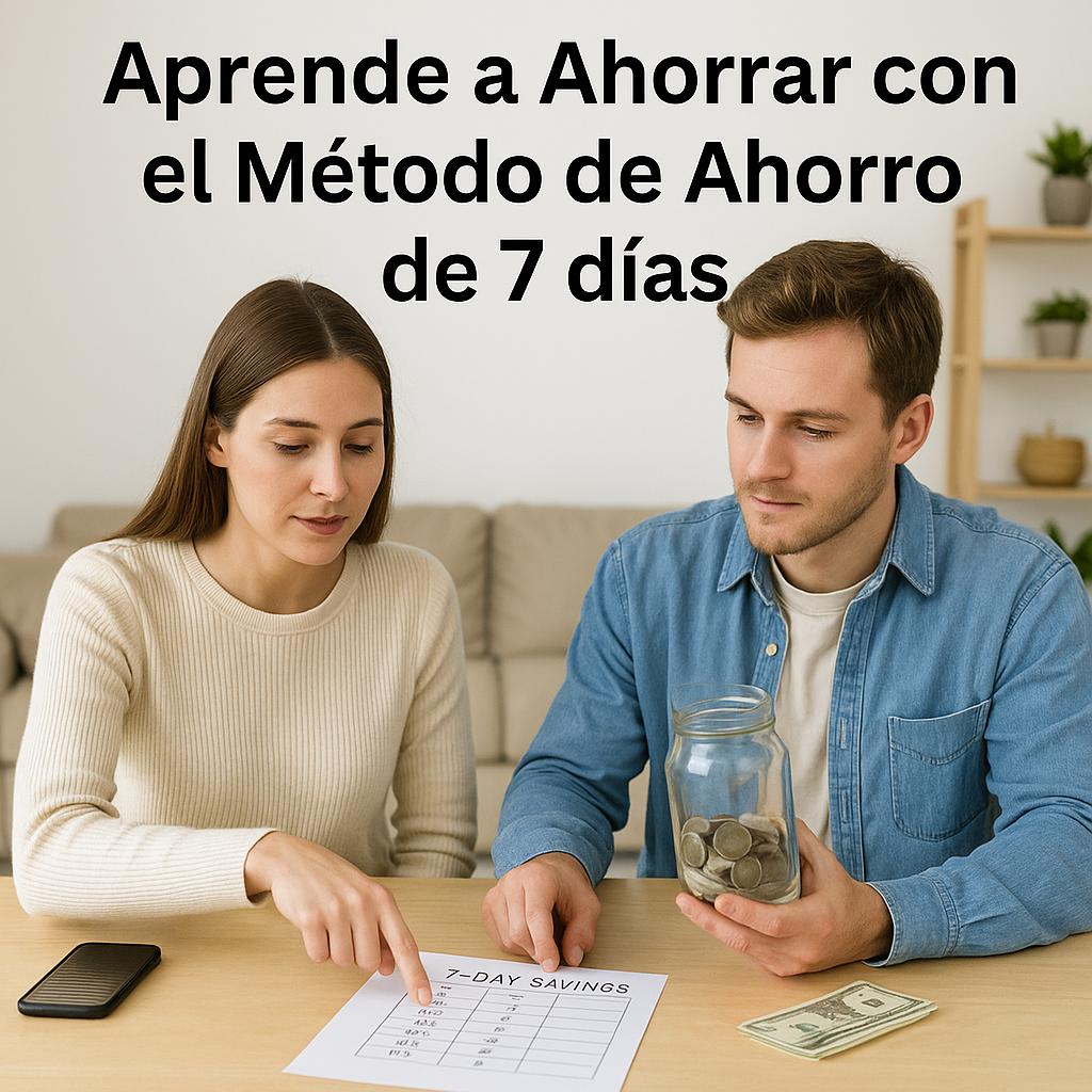 Pareja joven planificando su ahorro semanal usando el método de ahorro de 7 días con una tabla impresa y un tarro de monedas.