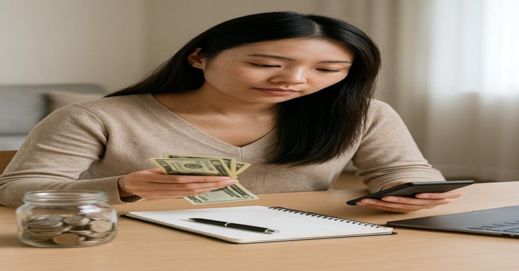 Joven asiática revisando su planificación financiera personal con su portátil en una mesa de trabajo.