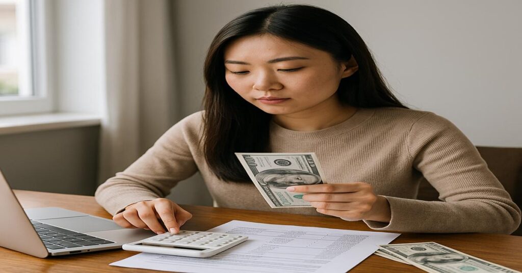 Mujer asiática joven en casa revisando sus finanzas personales con una expresión de concentración, representando el concepto del secreto chino para ahorrar dinero.