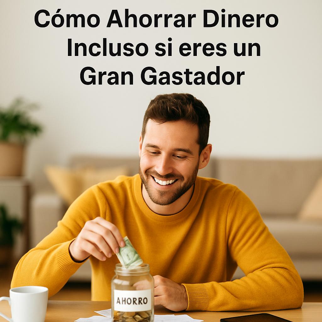 Hombre sonriente depositando dinero en un tarro con la etiqueta "AHORRO", en su hogar, rodeado de objetos cotidianos.