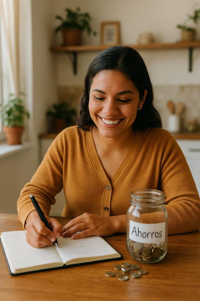 Mujer sonriente escribiendo en su libreta junto a un tarro con monedas etiquetado como "Ahorros", planificando sus finanzas desde casa.