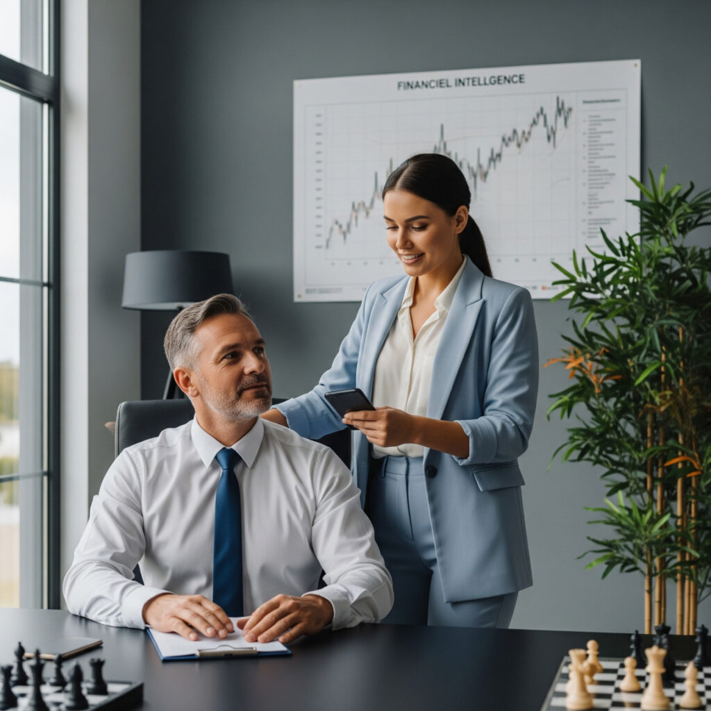 Un hombre y una mujer profesionales en una oficina moderna, simbolizando la inteligencia financiera y el crecimiento.