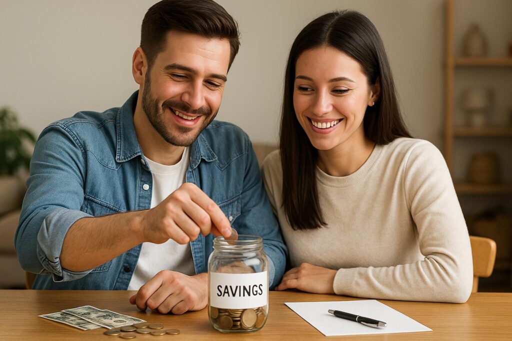 Pareja joven ahorrando juntos en casa, colocando monedas en un frasco etiquetado como "SAVINGS", representando un método visual de ahorro.