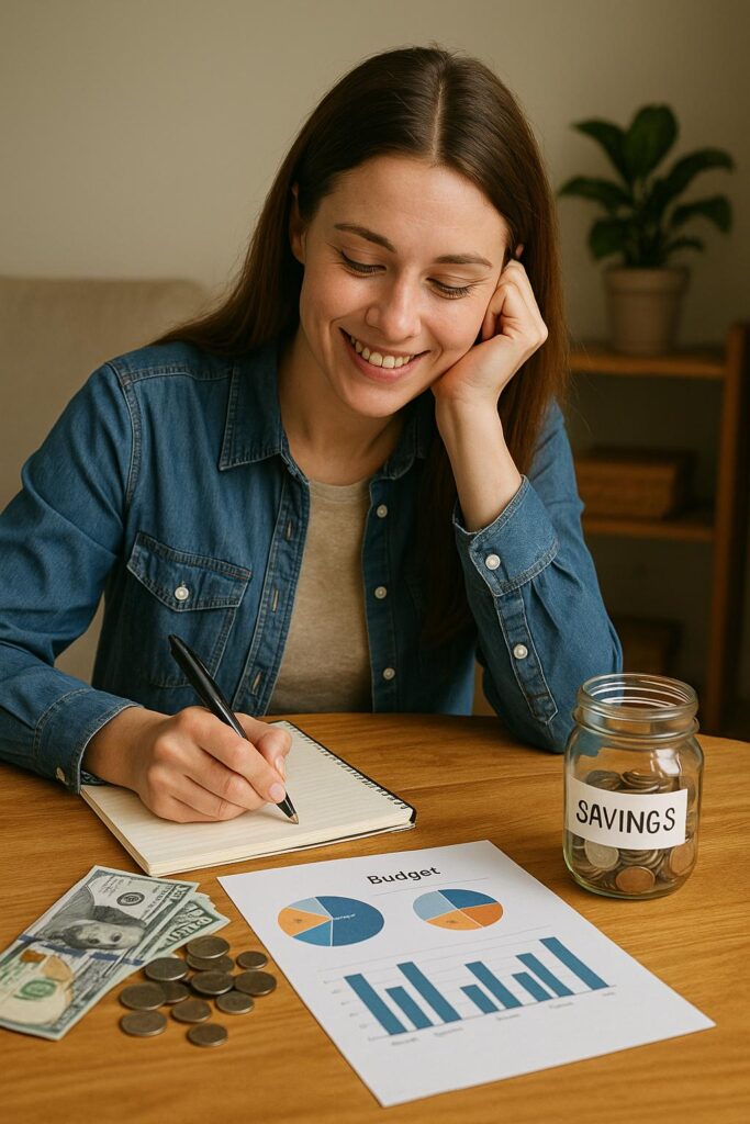 Mujer joven sonriente revisando su presupuesto con una hoja de cálculo, billetes, monedas y un tarro de ahorro sobre la mesa.