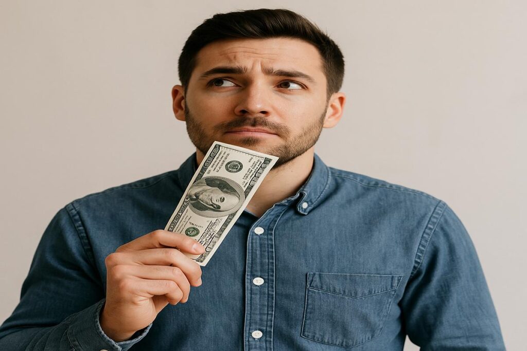 Joven sonriendo mientras introduce billetes en un tarro de ahorro sobre la mesa, simbolizando decisiones financieras inteligentes con poco dinero.