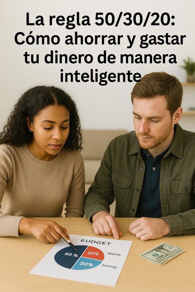 Pareja revisando un gráfico de presupuesto con la regla 50/30/20 en una hoja impresa, mostrando cómo dividir sus gastos de forma inteligente.