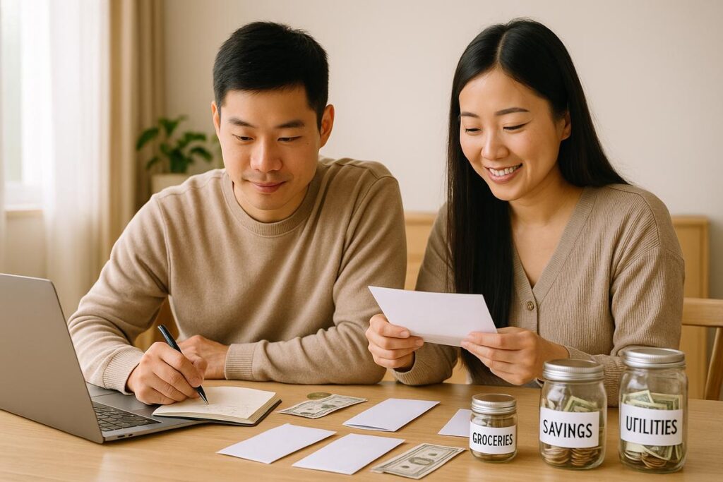 Pareja joven de origen asiático planificando su presupuesto con calma y disciplina, representando la filosofía china del ahorro.