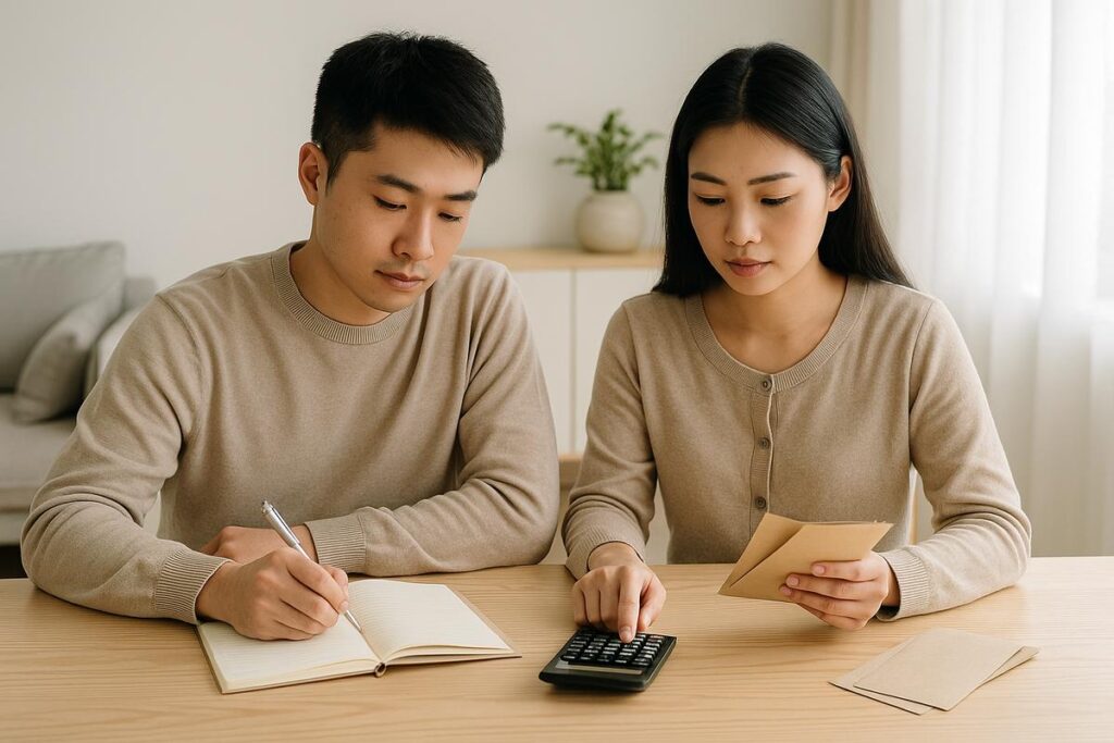 Pareja asiática organizando sus finanzas con sobres y calculadora, aplicando una técnica milenaria china para ahorrar dinero de forma disciplinada.