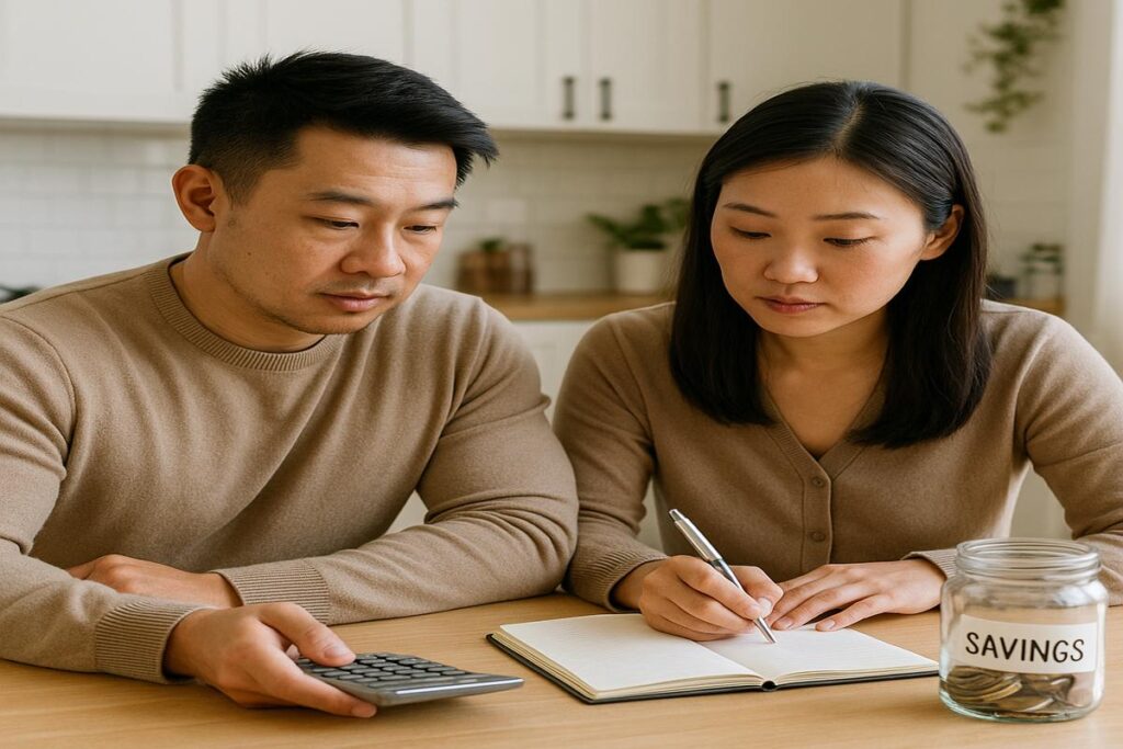 Pareja asiática planificando su presupuesto con una calculadora y libreta, aplicando la técnica 24/7 para ahorrar dinero de forma constante.