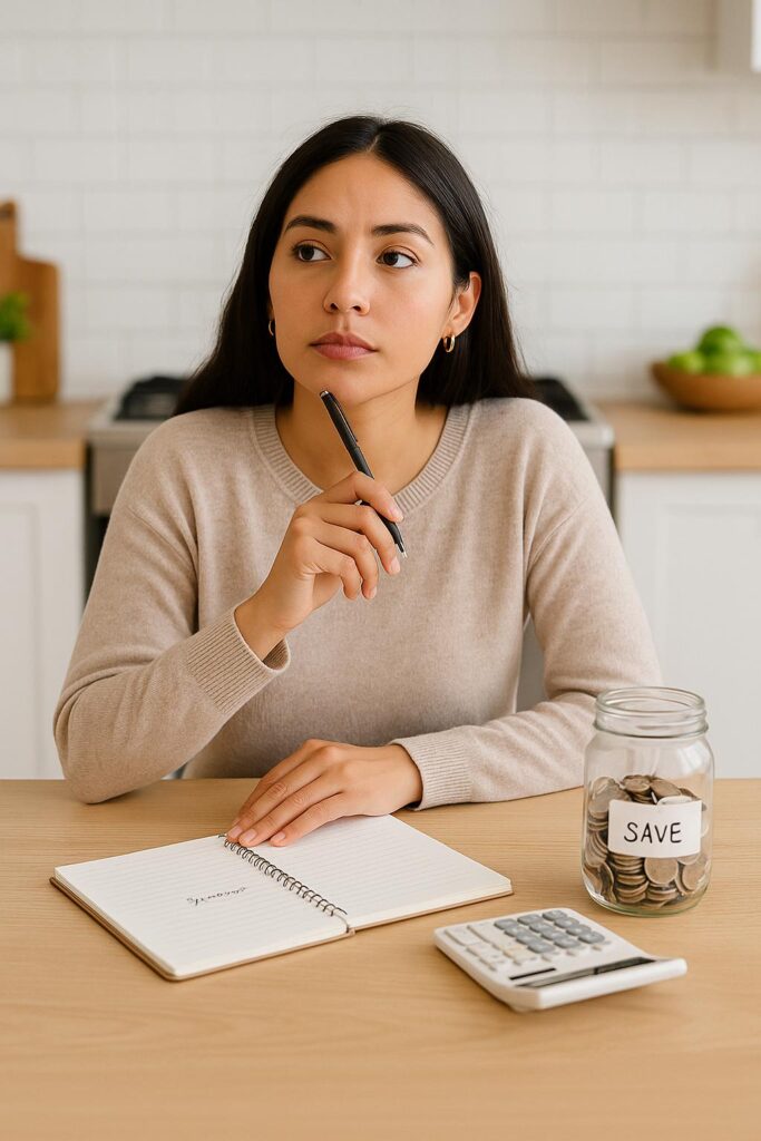 Chica pensando el el truco para ahorrar del redondedo según el método babilonia moderno