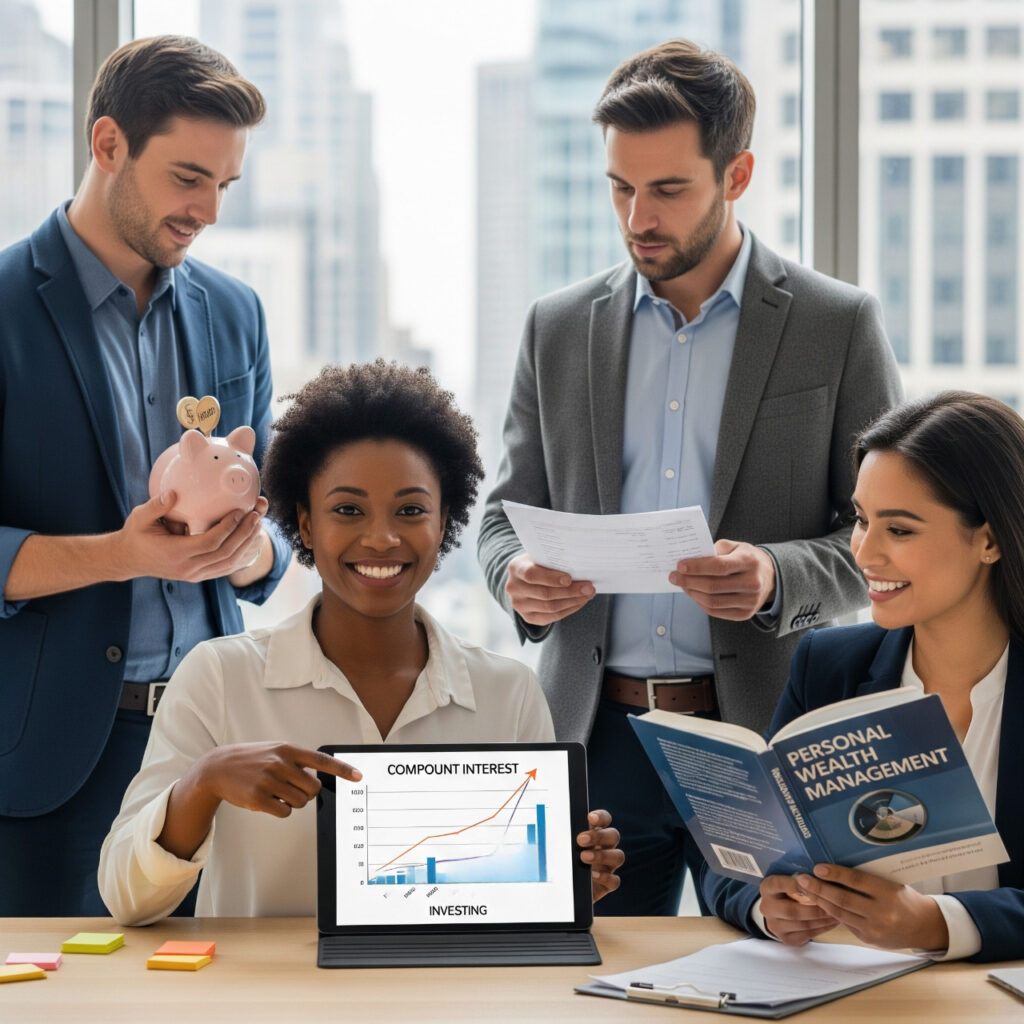 4 jóvenes sonrientes al ver que son capaces de aplicar los 11 hábitos que mejoraran su mentalidad financiera