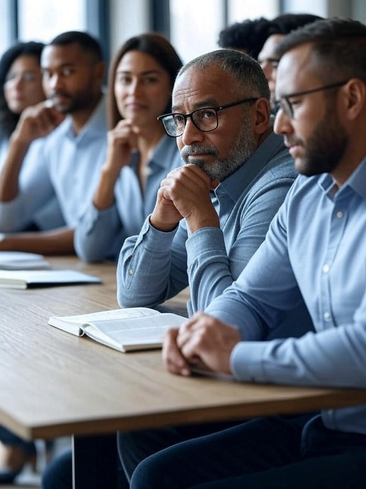 Imagen profesional de personas reflexionando sobre finanzas y ahorro en un entorno tranquilo