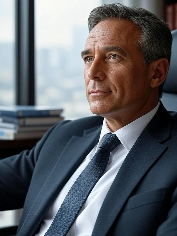 Millonario pensando en las claves que le han llevado al éxito, con mucha paz mental