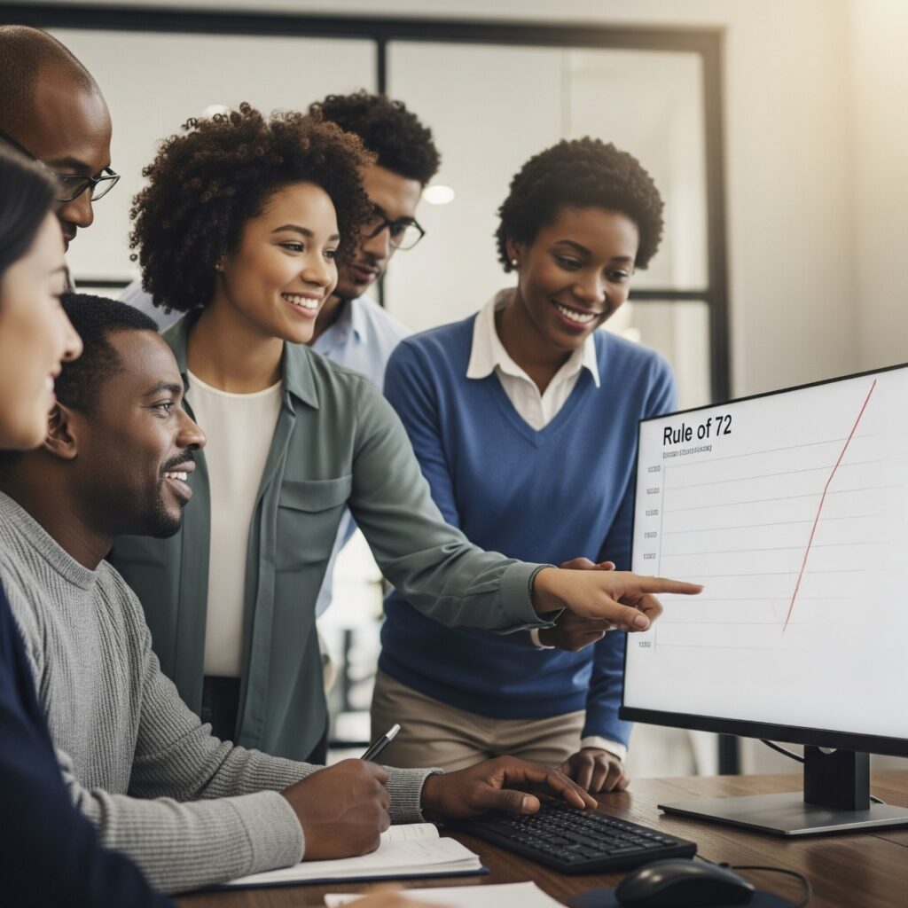 Un grupo de jóvenes mirando en una pantalla el camino a seguir para duplicar el dinero con la regla del 72