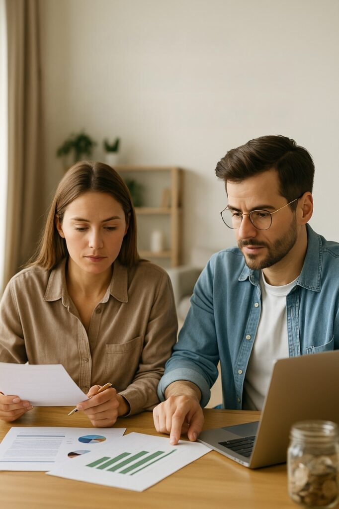 Una pareja revisando sus finanzas con gráficos y un portatil para lograr ser financieramente libre en 10 años