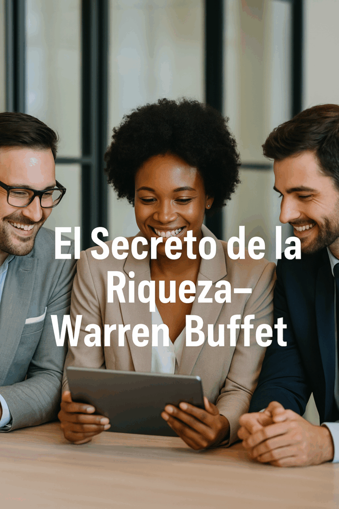 Imagen profesional de tres personas conversando sobre finanzas con el título "El Secreto de la Riqueza - Warren Buffett".