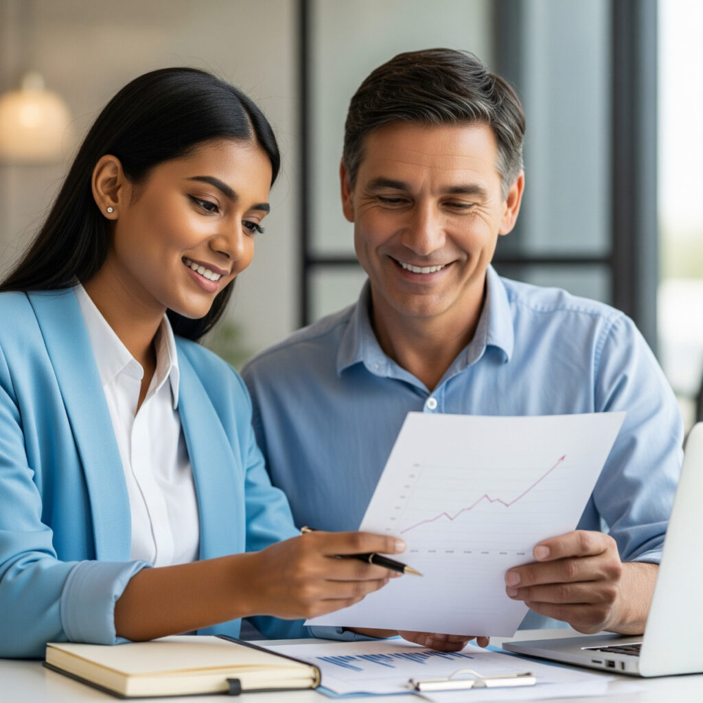 Dos_personas_sonriendo_y_revisando_documentos_financieros_con_un_grafico_ascendente_simbolizando_progreso_y_tranquilidad_financiera