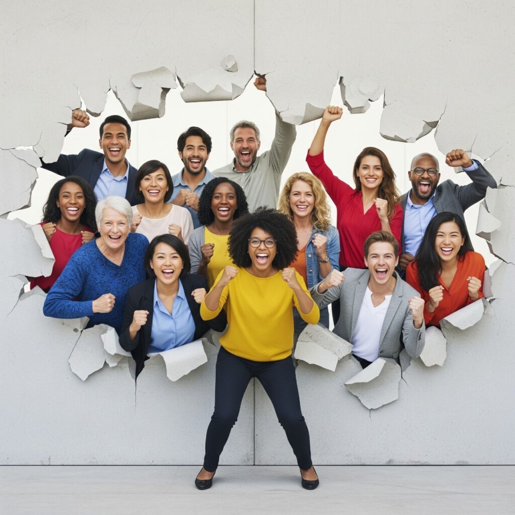 Personas_diversas_celebrando_logros_financieros_superando_obstaculos_simbolizando_liberacion_economica_y_crecimiento_personal