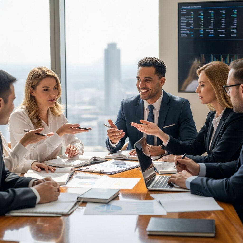 Grupo_de_personas_profesionales_discutiendo_estrategias_financieras_en_una_oficina_moderna_simbolizando_mentalidad_de_riqueza