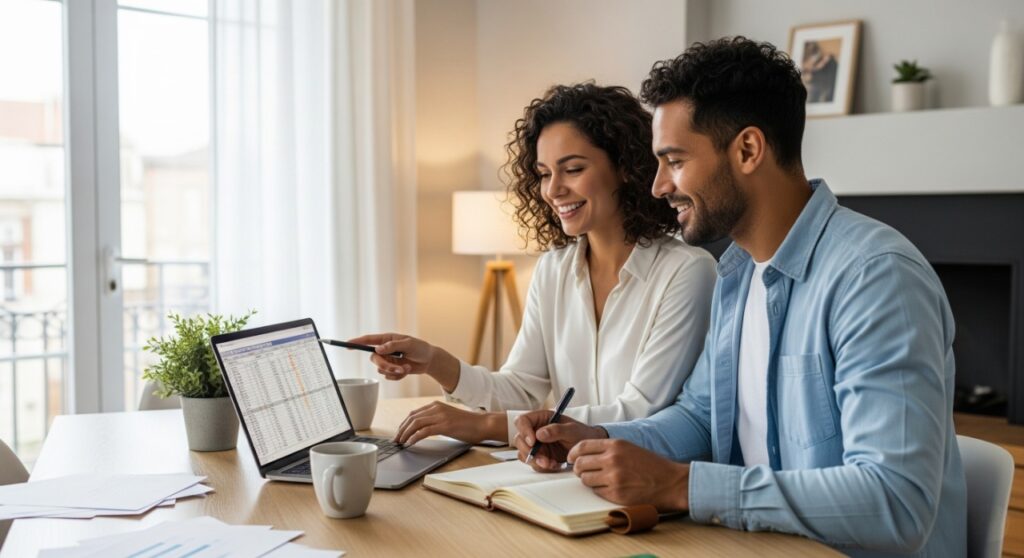 Una pareja joven sonriendo y trabajando en su presupuesto en una tablet, representando la planificación y el control de sus finanzas personales para un futuro sólido