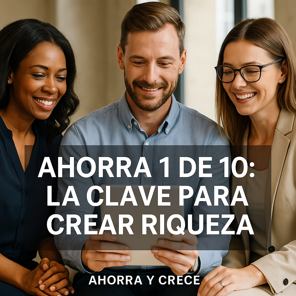 Tres profesionales sonrientes revisan una estrategia financiera en una tablet, con el texto “Ahorra 1 de 10: La clave para crear riqueza” en pantalla.