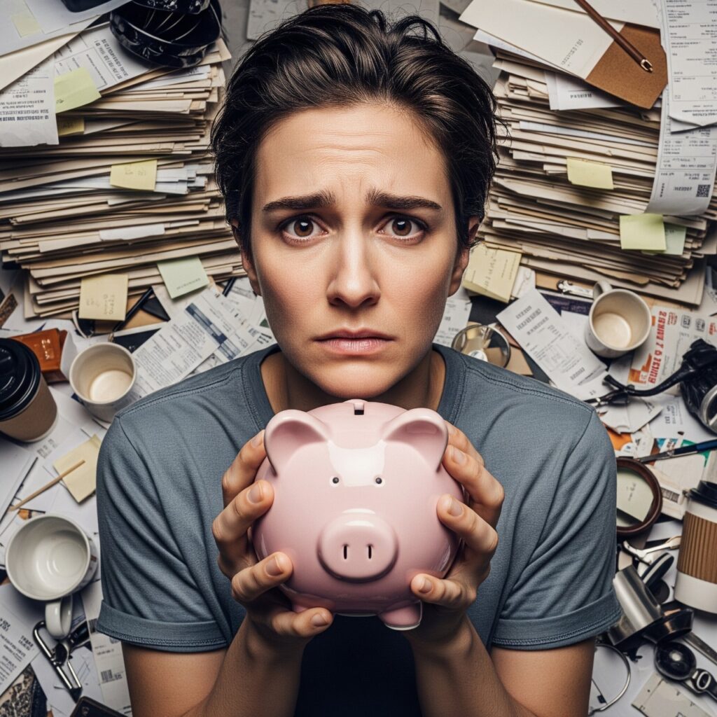 Una persona estresada, con el ceño fruncido, sujeta una alcancía de cerdo con fuerza, con un fondo desordenado que simboliza la falta de un plan financiero.