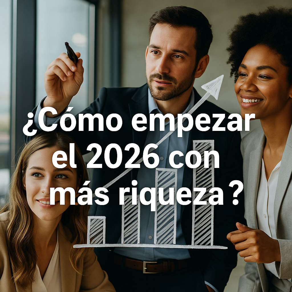 Tres profesionales colaborando y analizando un gráfico ascendente con la frase "¿Cómo empezar el 2026 con más riqueza?"