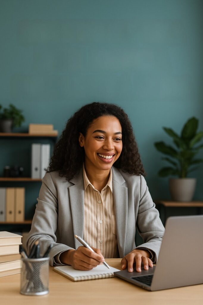 Mujer sonriente en oficina moderna escribiendo en su cuaderno mientras trabaja en su laptop. Refleja concentración, planificación y crecimiento financiero.