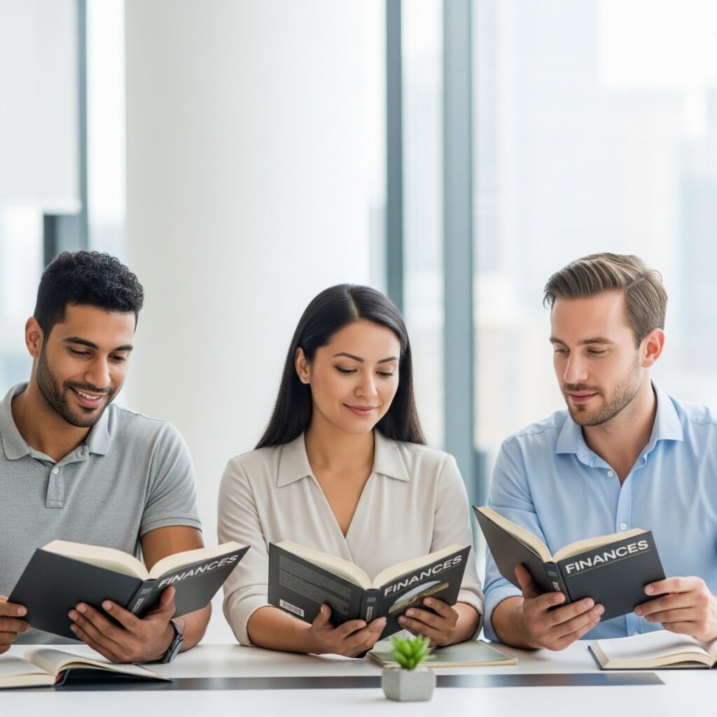 Un grupo diverso de profesionales leyendo libros de finanzas en un ambiente moderno y luminoso, transmitiendo enfoque y empoderamiento financiero.