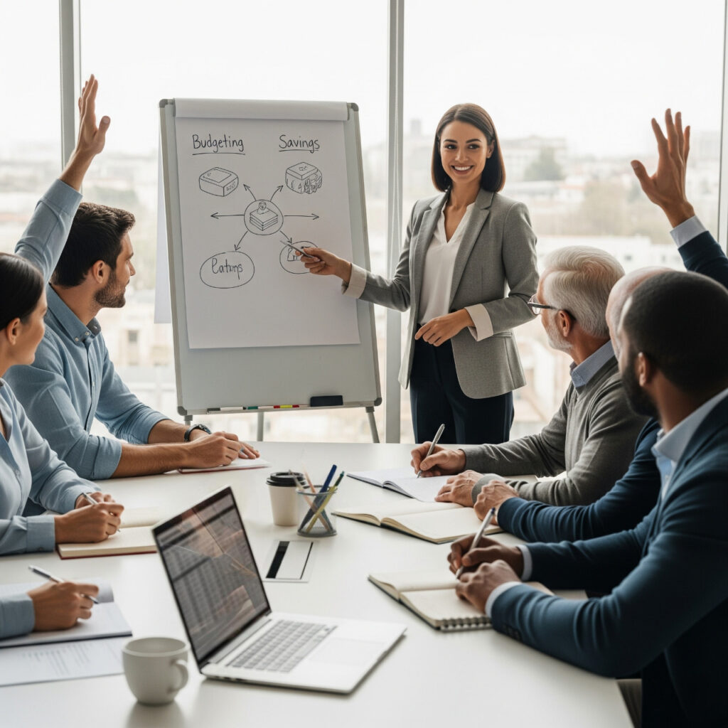 Una persona sonriendo, dando una clase sobre educación financiera básica desde cero, y un grupo de personas sentadas en la mesa haciendo las preguntas necesarias para entender lo que está explicando.