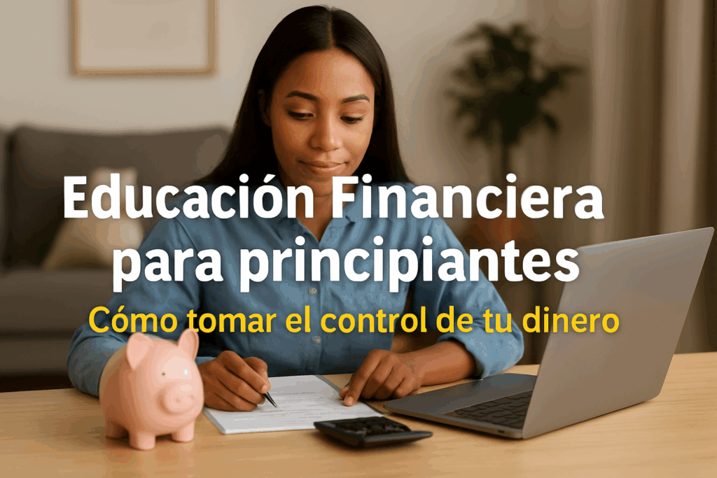 Mujer joven aprendiendo educación financiera y tomando notas sobre cómo administrar su dinero con una laptop