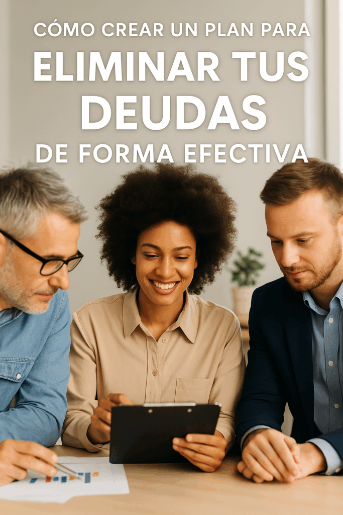 Tres personas trabajando juntas en la creación de un plan financiero para eliminar deudas de forma efectiva