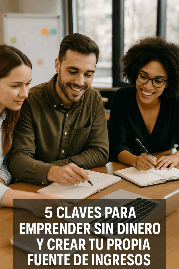 Tres emprendedores trabajando en equipo con cuadernos y portátil, planificando ideas para emprender sin dinero.