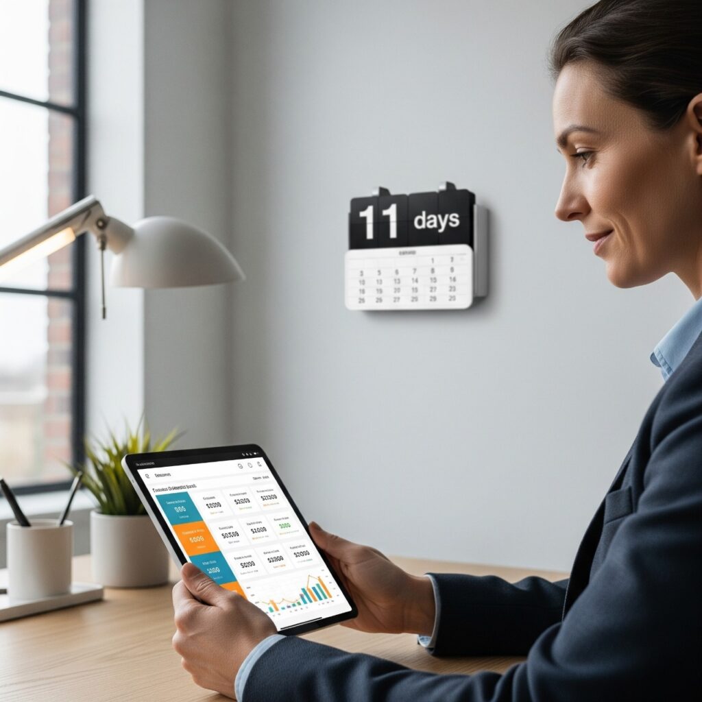 Fotografía de una persona profesional y motivada usando una tablet para seguir sus metas financieras, con un calendario de 11 días en segundo plano