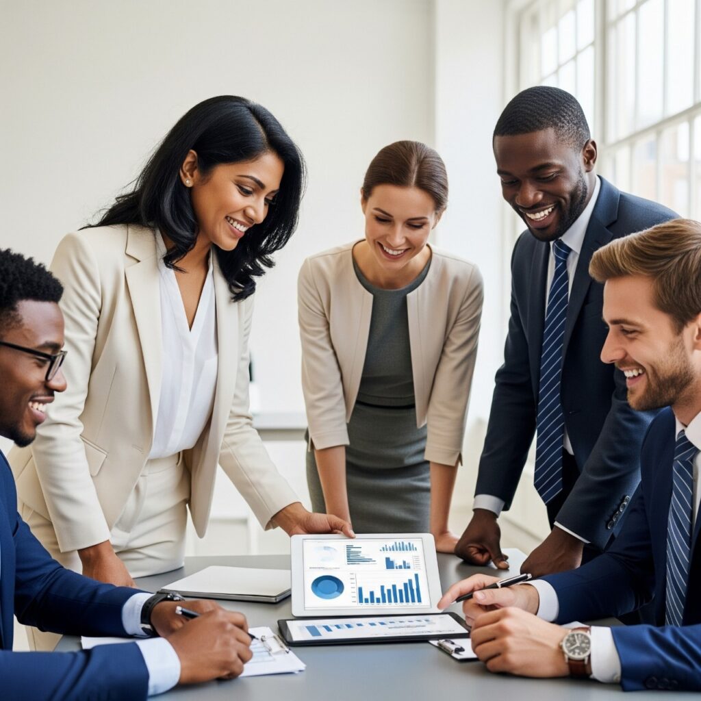 Un grupo diverso de profesionales sonriendo y colaborando alrededor de una tablet con gráficos financieros, simbolizando el crecimiento y la planificación económica
